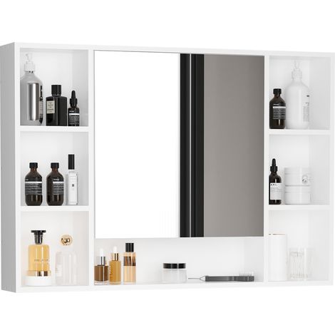 Meuble-lavabo avec miroir, étagères ouvertes et porte miroir. Meuble-lavabo gain de place avec miroir. 100 x 15 x 70 cm. Blanc.