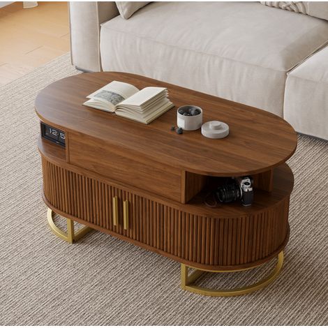 Tavolino da caffè ovale sollevabile 100 x 50 x 64 cm con contenitore, MDF color noce e struttura in acciaio dorato (1/5)