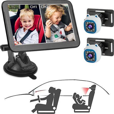 Caméra de voiture pour bébé, moniteur double canal 7" 1080P avec caméras de vision nocturne IR, grand angle de vision de 150°, 8 lumières LED, pour siège arrière. (1/4)
