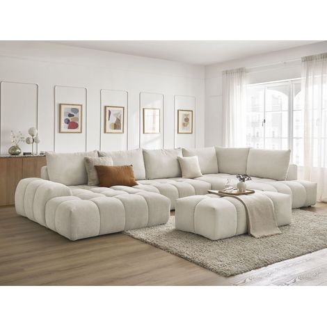 BOBOCHIC - Canapé panoramique convertible coffre EVEREST tissu texturé avec pouf Angle gauche Beige (1/5)