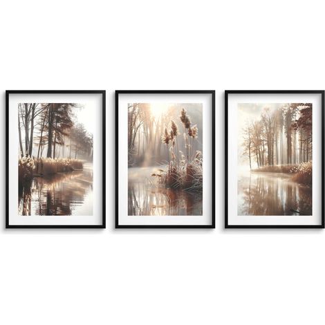 Poster fürs Wohnzimmer Bilder im schwarzen Rahmen Grass Lake Set im Boho Stil