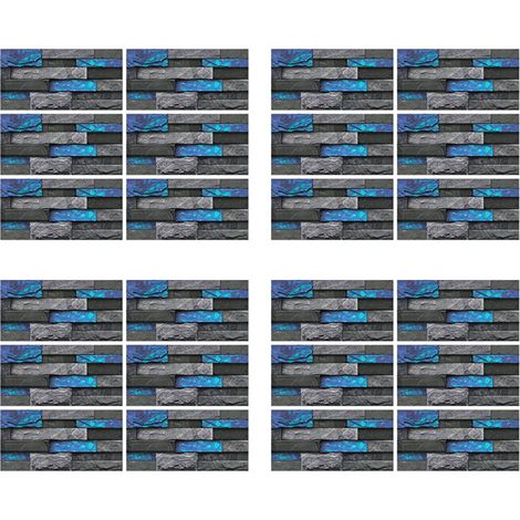 Carreaux rétro 24 pièces, papier peint bleu à décoller et à coller, autocollants en papier autocollant, décoratifs, 15 cm x 30 cm (1/5)