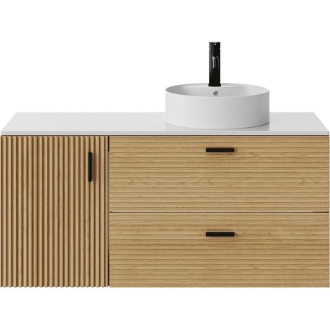 Mobile bagno sospeso scanalato con lavabo da appoggio rotondo - 1 anta e 2 cassetti - Naturale chiaro - 120 cm - SARONE (1/4)