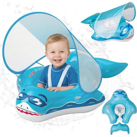 Bouée pour bébé avec parasol, indice de protection solaire UPF 50+ : bouée pour bébé Ninonly avec visière anti-soleil, motif requin, bouée gonflable anti-renversement, sûre pour les enfants de 12 à 36 (1/5)