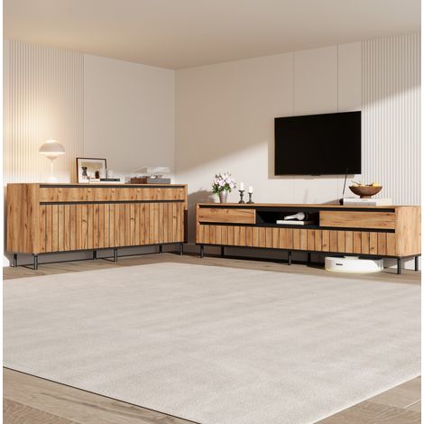 Mueble TV (180x40x52 cm), para televisor de 75 pulgadas, con paso de cables, frontal acanalado, tablero de partículas, natural y negro (1/5)