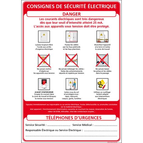 Panneau CONSIGNES DE SÉCURITÉ ÉLECTRIQUE (A0678) - Adhésif - 150 X 210 mm