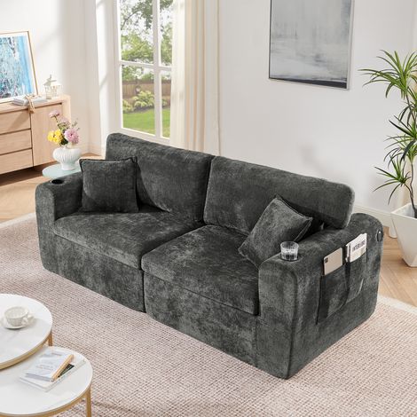 Canapé droit 2 places 220x100x89cm,porte-gobelet,poche latérale, coussins inclus,pour les salons,bureaux,chambres,tissu chenille noir (1/5)