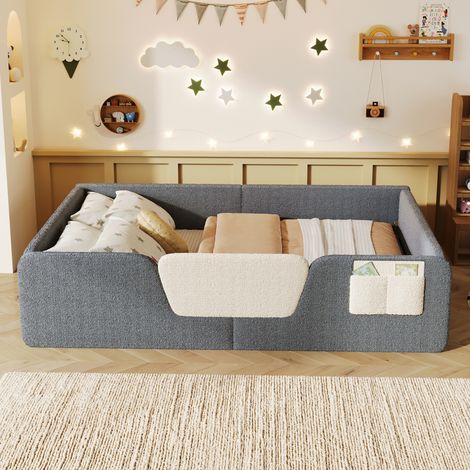 Lit matelassé 140x190 cm, sans matelas, barrières amovibles, housse velours intégrée, gris, protection enfant, rangement inclus (1/5)