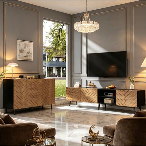 Ensemble meuble TV 180 cm et buffet 120 cm, bois naturel et noir, panneaux de particules (1/5)