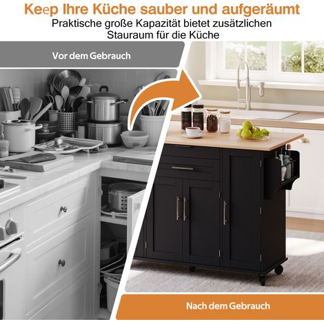 Îlot de cuisine mobile 120×45cm, plan extensible, tiroir couverts dissimulé, étagères réglables, porte-épices, porte-serviettes (1/5)