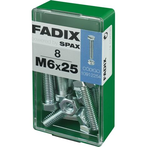 Caja de 8 unidades de tornillo métrico con cabeza hexagonal y tuerca en cinc M 6x25mm Fadix (1/2)