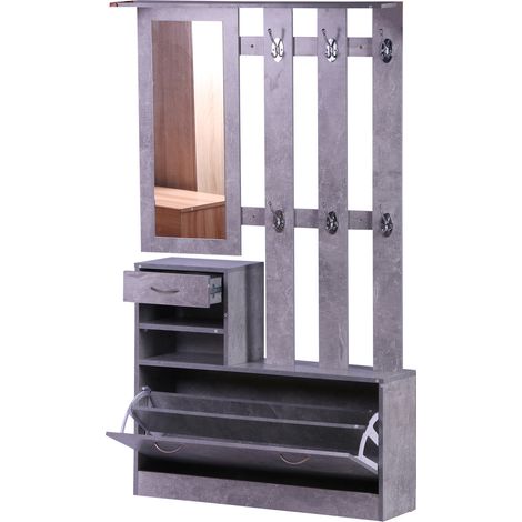 Homcom – Ensemble de meubles d'entrée 3 pièces – Panneau porte-manteau avec miroir – Meuble à chaussures multi-rangements – Effet béton gris (1/7)