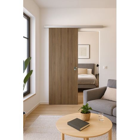 Porte Coulissante Décor Noyer Light Walnut H204 X L73 Cm, Rail Alu, Coquilles Gd Menuiseries