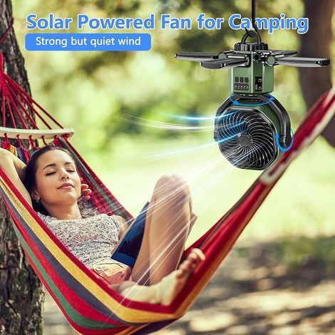 Ventilateur solaire rechargeable,Ventilateur à piles avec 4 panneaux solaires et lumineux ,Oscillation automatique pour l'extérieur ,Accessoires essentiels de camping, voyage, bureau (1/5)