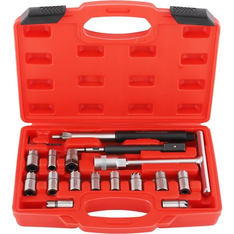 Kit d'outils de 17 pièces pour la réfection des sièges d'injecteurs diesel, comprenant un kit de nettoyage et d'usinage pour sièges d'injecteurs de 17 mm et 19 mm (rouge). (1/5)