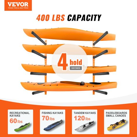 Support Mural pour 4 Kayaks, Porte-Kayak, Canoë, Paddle SUP, Crochet de Rangement pour Kayak avec Bras Rembourrés Réglables, Charge de 181,4 kg, Cintre pour Kayak pour Garage Intérieur Extérieur (1/5)