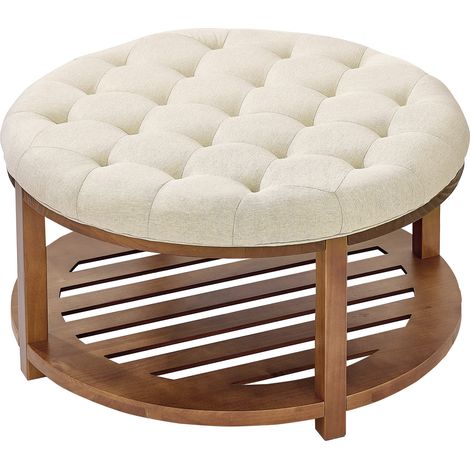 VEVOR Grande table basse ronde capitonnee en lin, 810 mm, repose-pieds rembourre avec etagere de rangement en bois massif, capacite de poids 158,76 kg, pour chambre a coucher, salon, couleur lin