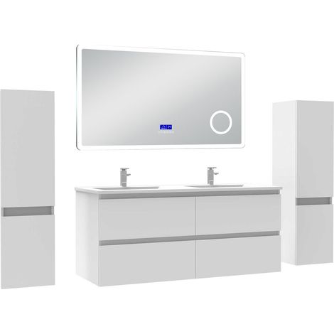 Acezanble ensemble meuble 120 cm blanc avec 4 tiroirs à fermeture automatique, lavabo céramique + miroir salle de bain Bluetooth tricolore + 2 colonnes, suspendu