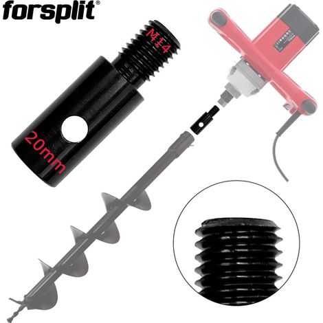 Adaptateur malaxeur M14 vers foret fi 20 mm – Acier chrome haute résistance – Longueur 60 mm – Zingage noir pour durabilité