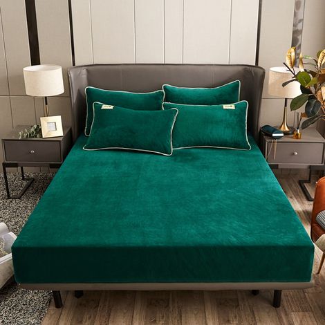 Drap-housse moelleux 180 x 200 cm, vert foncé, chaud et doux au toucher cachemire, idéal pour un matelas de 25 cm d'épaisseur. (1/5)