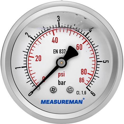 Pressure gauge, Glycerine pressure gauge, 2.5 inches, 0-6 bar, 304 stainless steel housing, 1/4" BSP rear connection (1/5)