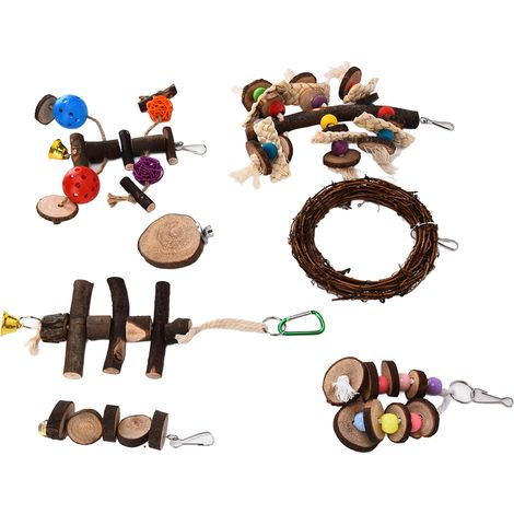 Ensemble de 7 jouets à mâcher pour perroquet : bûches, corde en coton, feuilles de maïs, métal et cuir. (1/5)