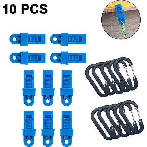 Ensemble de 10 pièces comprenant une pince en plastique, un clip pour tente, une pince pour bâche de tente de camping, un porte-gants et un clip pour bâche (noir). (1/5)