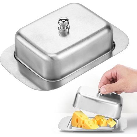 Beurrier avec couvercle – Beurrier – Petit beurrier – Ustensiles de cuisine – Convient à toutes les tailles de beurre standard et autres aliments – Acier inoxydable – Argent (1/5)
