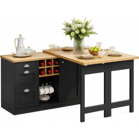 CHICFURN Mesa alta de cocina extensible con almacenaje, isla de cocina giratoria 360°, botellero, cajón y puertas magnéticas, ideal para espacios pequeños, negro (1/5)