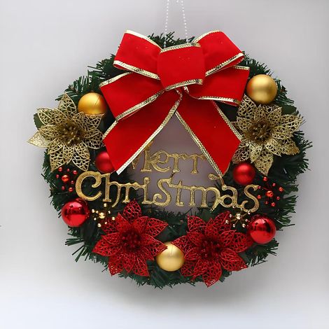 Las coronas navideñas, adornadas con letreros de "Feliz Navidad" y campanillas, son perfectas para decorar puertas y ventanas (flores rojas).