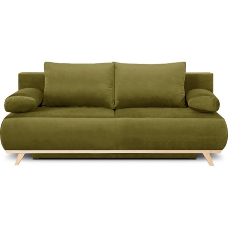 Homifab – Canapé convertible 3 places avec coffre de rangement – Velours Oeko-Tex vert olive – Couchage 138x186 cm – Coussins déhoussables (1/5)