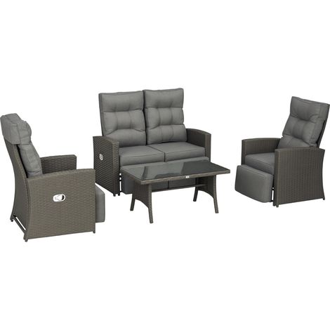 4 Piece Rattan Garden Furniture Set Outdoor Sofa Sectional Set with Glass Top Table for Poolside, Grey