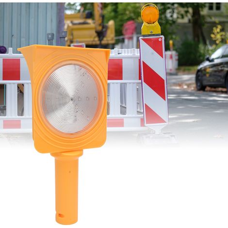 Solarbetriebene Straßenampeln, rote und blaue Baustellenblitzleuchten. (1/5)