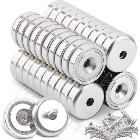 Lot de 40 aimants en néodyme extra puissants - 10 kg - 20 x 7 mm - Avec trou et capsule - Avec vis et coussin en acier - Aimants puissants pour cuisine, salle de bain, école, bureau (1/5)