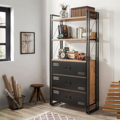 Podul Regal, Wandregal mit 2 Regalen, 3 Schubladen, 90x35x180h cm, Eiche Braun (1/5)