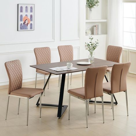 AINPECCA Set of 6 Faux Leather Dining Chairs High Back with Chrome Leg Office Kitchen Chair Living Home-Latte (1/5)
