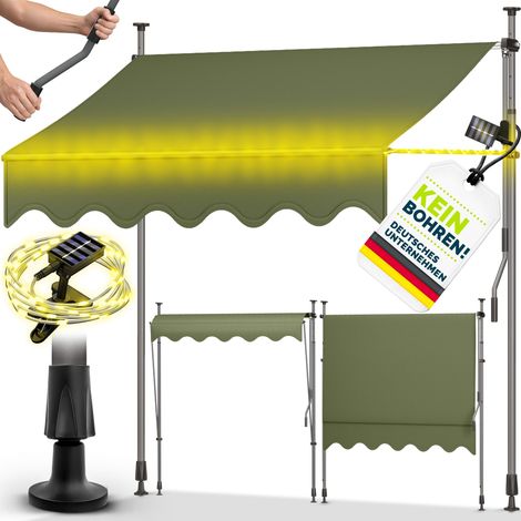 tillvex Klemmmarkise 400 cm Armeegrün mit Solar LED mit Handkurbel Balkon Balkonmarkise ohne Bohren Markise UV-beständig & höhenverstellbar Sonnenschutz wasserdicht