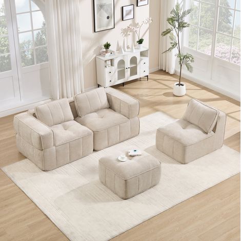 Sofá rinconero modular de 3 plazas con 1 puf, sin estructura, espuma 32D, beige OKMYHOME (1/5)