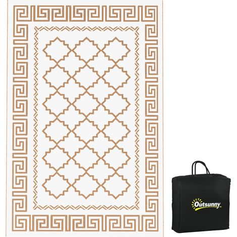 Tapis d'extérieur double face résistant aux intempéries 182 x 274 cm avec sac de transport, marron, crème et blanc, idéal pour le camping en plein air (1/5)