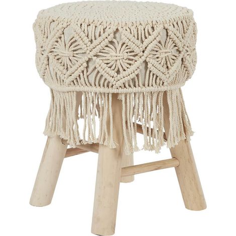 BOHEMIAN - Tabouret Assise Décorative Style Macramé Pieds en Pin Naturel (1/3)
