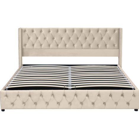 Lit simple capitonne en velours 140 x 190 cm avec coffre de rangement et tete de lit beige MODENUIT (1/5)