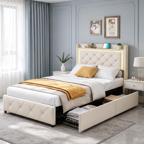 Lit simple 90x200cm – Velours – Lit à tiroirs – Éclairage LED – Ports USB et Type‑C - Sommier à lattes (1/5)