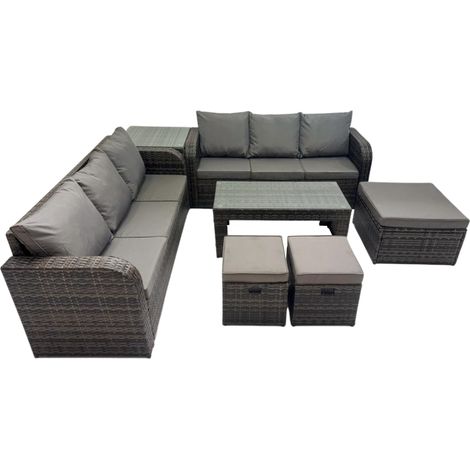 Fimous Rattan Garden Outdoor Furniture Set 3 Seater Sofa Coffee Table with 3 Footstools Side Table Dark Grey Mixed (1/5)