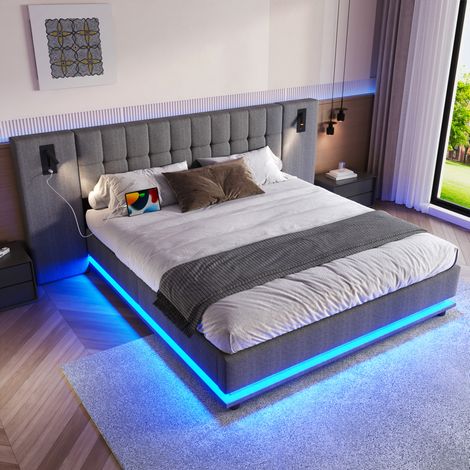 Lit capitonné 180 x 200 cm en lin gris avec LED, spot et USB pour chambre pratique (1/5)