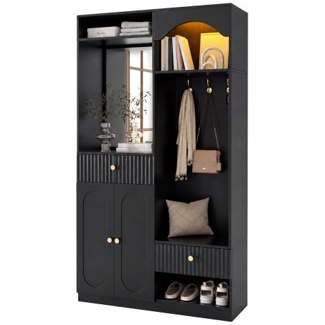 Armadio compatto con specchio e panca, armadio da ingresso con scarpiera e ganci, appendiabiti, armadio compatto, set di mobili da ingresso, armadio da ingresso, striscia LED con colore regolabile (1/5)
