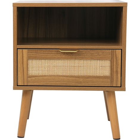 Comodino in rattan effetto noce con 1 cassetto e ripiano aperto 45 x 40 x 55 cm (1/5)