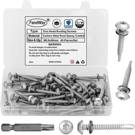 45 Pièces Vis Autoforeuse Metal, M5,5x50mm Vis à Tôle Autotaraudeses de Toiture et Autoperforante Acier Carbone Tête Ronde Avec Rondelles EPDM pour Alu Bois Tôle Plastique. Avec 1 TX30. (1/5)