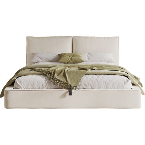 CHICFURN Lit coffre 180x200 cm en velours beige, lit double avec sommier à lattes, tête de lit rembourrée 105 cm, rangement hydraulique, style minimaliste (1/5)