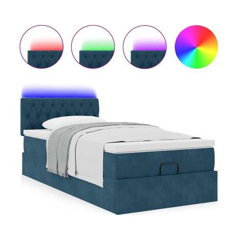 Lit coffre avec matelas et éclairage LED bleu foncé, 80 × 200 cm, velours, espace de rangement généreux, velours doux et confortable, éclairage led d’ambiance, pour chambre, décor moderne, facile à as (1/5)