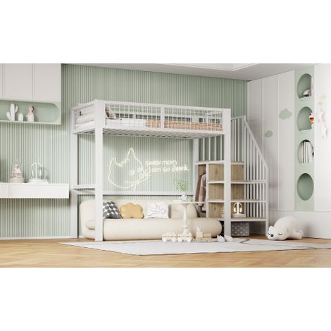 Lit mezzanine  avec échelle, lit enfant avec structure en fer et étagère de rangement, armoire
